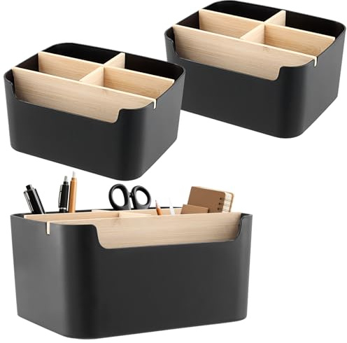 SINJEUN 3 stycken skrivbordsorganisatör svart, bordsorganisatör kontor med 5 fack, pennhållare skrivbord organisatör för hem, kontor, 18,2 x 14,6 x 9,3 cm