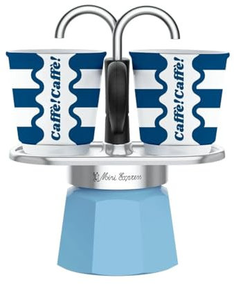 Bialetti Mini Express Dolce Vita 2 tazas cafetera con juego de tazas de café, azul claro,