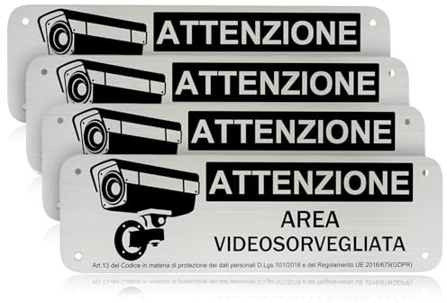 REIGY Cartello Area Videosorvegliata Alluminio da Esterno 15x5 cm, 4pcs Area Sottoposta a Videosorveglianza Adesivo GDPR, Cartelli Privacy Telecamere Sorvegliata per Proprietà Privata
