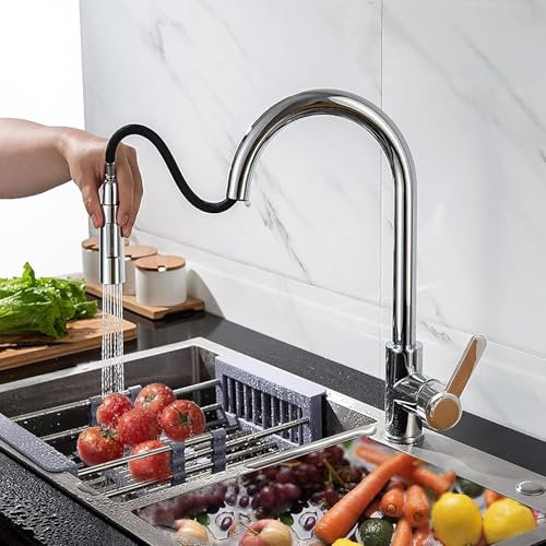 XWIHTR Robinet de cuisine amovible rétractable, robinet de cuisine pivotant à 360 °, mélangeur de cuisine en acier inoxydable à 2 modes, robinet d'évier de cuisine (chromé)