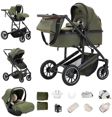 Kakbgee 3-in-1 Travel System with Car Seat, Foldable Pram, Height-Adjustable Handle, 4-Wheel Suspension, Rain Cover, Mosquito Net, All Terrain Travel System for Newborns 0-4 Years (22 kg)