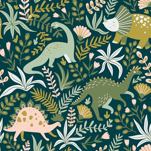 LACHEERY 17.5x275 Floral Dinosaur Peel and Stick Wallpaper Kids Boy Nursery Wallpaper Green Woodland Animal Wall Paper Peel and Stick Removable Contact Paper for Walls Cabinets Drawers Kids Bedroom