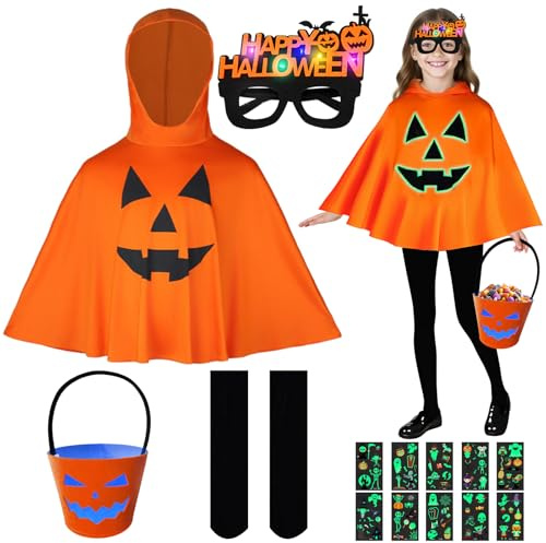 Halloweenkostym barn, luminös pumpaspöke kostym barn med hatt, godishink, LED-glasögonram, strumpor, klistermärken, för karneval, halloween, scenshow, temafest, rollspel