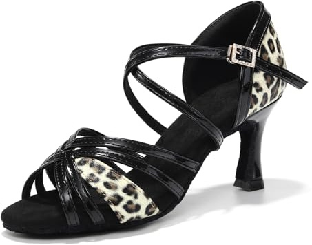 Uonpie Latin Ballroom Open Toe Dance Shoes Women 3 Inch Heel Satin Salsa Shoes,Leopard,40EU/7UK