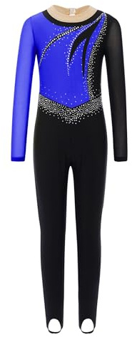 Nyeemya Turnanzug Mädchen Langarm Ganzkörper Voltigieranzug Lang Kinder Strass Glitzer Tanzoverall Farbblock Patchwork Jumpsuit Tanzanzug Leotard Dancewear Blau 146-152