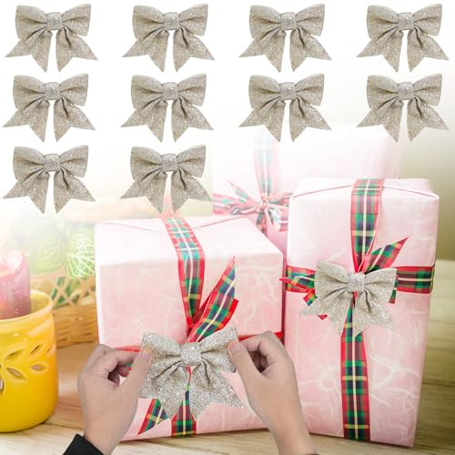 Lot de 10 nœuds Rouges à Paillettes pour Sapin de Noël - Champagne doré - Décoration de Sapin de Noël pour fêtes de Famille, fêtes, Vacances, Mariages, célébrations (Champagne Doré)