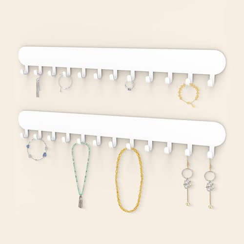 Suzurana Necklace Holder - Hanging Jewelry Organizer, Self-Adhesive Wall Mounted for Necklaces, Bracelets, 2 Pack, White