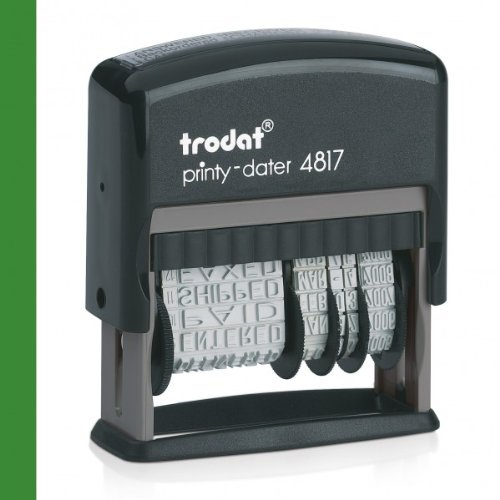 Trodat Printy 4817, stämpel med bokstäver och datum (med 12 förformade texter på tyska språket) grön