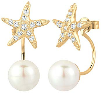 Elli Ohrringe Damen Front-Back Seestern Perle mit Zirkonia Kristalle in 925 Sterling Silber vergoldet