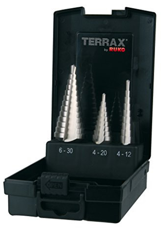 TERRAX by RUKO 3-teiliger Stufenbohrer-Satz HSS gerade genutet, in den Größen 0/9, 1, 2 in stabiler, praktischer Kunststoffkassette, 1 Stück, A101126RO
