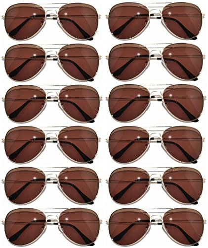 OWL 12 Pack Gold Brown Tinted Aviator Sunglasses Metal Frame Pilot Party Glasses for Women and Men