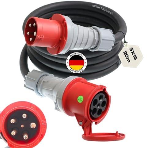 Starkstromkabel 63A 20m H07RN-F 5x16 Starkstrom Verlängerungskabel CEE Verlängerung 63 Ampere Kabel 5x16mm2 Baustelle Werkstatt Industrie Geeignet Outdoor IP44 Spritzwassergeschütz