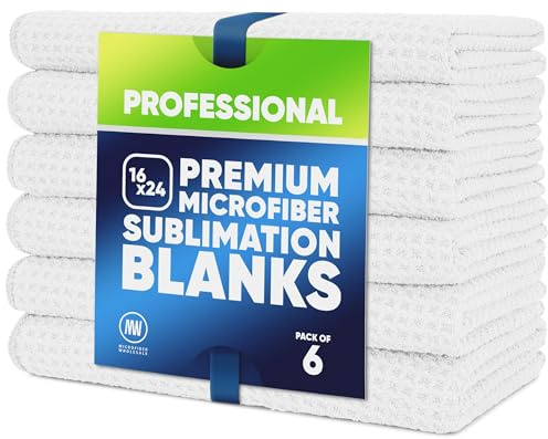 Kitchen Towels - Microfiber Waffle Weave Towels | 16 x 24 in. (6 Pack) | Absorbent, Lint Free, Thick, Reusable, Commercial, Soft, Hand, Tea, Glass, Bar, Sublimation Blank, Polyester Cloths | White