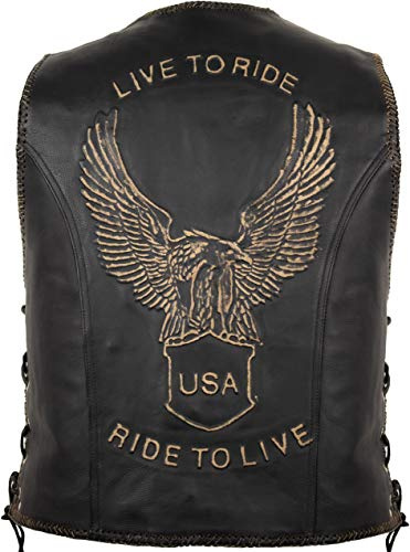 MDM Chaleco biker de cuero auténtico para hombre – Motivo águila LIVE TO RIDE – Cuero de vaca con cordones ajustables y cierre de 3 hebillas (FR/ES, Letras, 5XL, Regular, Regular, Marrón)
