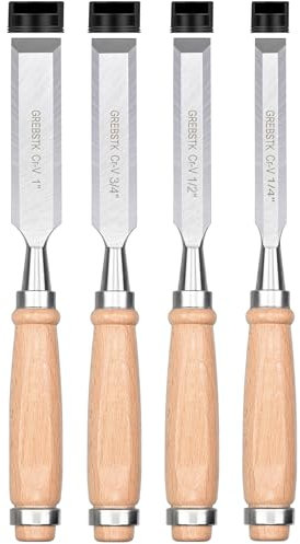 GREBSTK 4 tlg. Stechbeitel Satz für Holzarbeiten Professionelle Beitel aus CRV Stahl mit scharfer Schrägkante & hochschlagfestem Buchenholz Griff