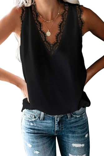 BLENCOT Women Lace Trim Tank Tops Summer V Neck Fashion Sleeveless Blouse Business Casual Outfits Vest Spring Shirts Black, Medium
