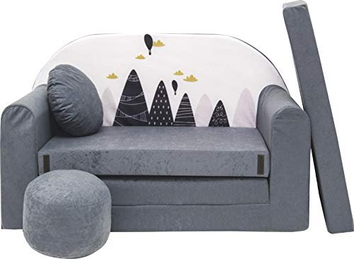 BDW Schlafsofa für Kinder mit Sitzhocker/Kissen, Coton, GRAU 168 x 98 x 60 cm