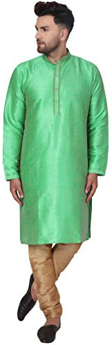 SKAVIJ Set da uomo in seta Kurta pigiama indiano tradizionale abito da festa di nozze, Verde, S
