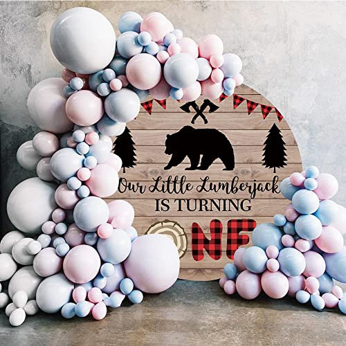 Bovlleetd 230cm Toile de Fond Ronde en Bois Rustique Un Petit bûcheron Tourne la Hache croisée Ours Arbre Silhouette Cercle Décors Bannière Décor pour la décoration de fête d'anniversaire