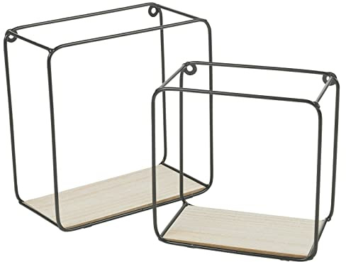 HOMION Display Wall Shelf Loft Wire Shelf - Set of 2 (small & Medium) Square - Black Metal Frame and Wood Effect (Black)