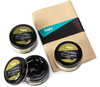 Kaps Crema Limpiabotas y Zapatos Profesional con Paño de Algodón - Set de 3 Blanco/Transparente/Negro 50 ml - Fabricado con Cera Natural - Para el Cuidado del Calzado de Cuero natural y Sintético