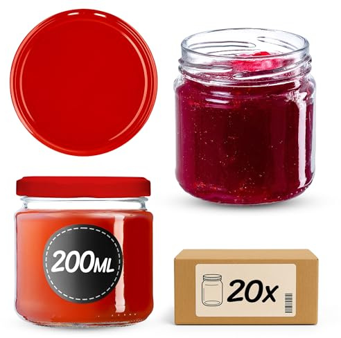 Kadax små glasburkar 200 ml, syltburkar, fi66 mm, miniglas för honung och kryddor, lufttäta burkar, konserveringsglas, konserveringsburkar, runda glas (20 stycken, röd)