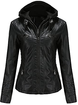 JMKEY Chaqueta de piel sintética para mujer, chaqueta de manga larga con cremallera y cremallera de cuero con capucha extraíble, Estilo1, XS