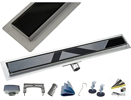 AQUA HEATING linearer Bodenablauf Gehärtetes Glas Edelstahl superflach Komplettset für Badezimmer mit bodengleicher Dusche, Duschrinne Ablaufgarnitur-Set, Duschablauf mit Siphon 70 cm schwarz
