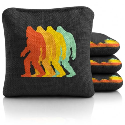 ACA Synergy Pro professionella Cornhole-väskor dubbelsidig reglering 6 x 6 set med 4 retro Sasquatch svart