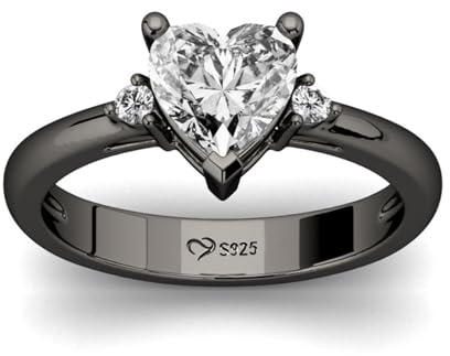 Jeulia Heart Black Engagement Ring: Women Sterling Silver Three Stone Cubic Zirconia Promise Wedding Ring Band Jewellery for Her Wife Gift (Black, V-½.)