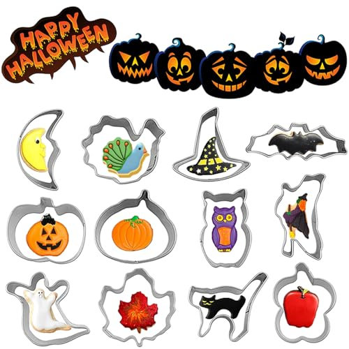 VIKY® Halloween Keksausstecher, 12 Stück Halloween Ausstechformen Set, Edelstahl Halloween Ausstecher mit Kürbis, Fledermaus, Geist, Hexenhut, Plätzchen Ausstecher für Kinder Party Deko Backzubehör
