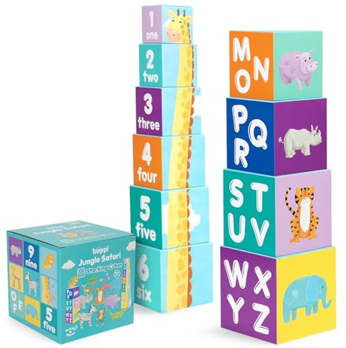 boppi Bloques apilables para bebés, Juguetes de Animales de Granja con Letras y números, Cubos Montessori para niños pequeños, Juguetes de Aprendizaje Preescolar