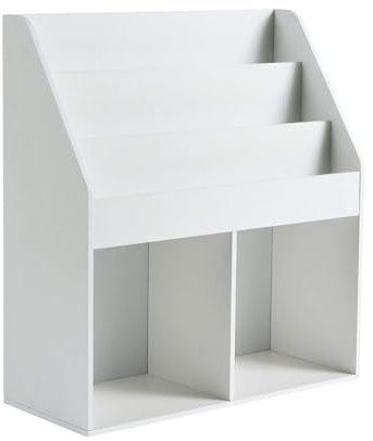 Home Source Children’s Bookcase Storage Unit White 30 x 73 x 80 cm, 3 Tier Display Kids Bookshelf with Under Storage Unit and Deep Compartments, Wooden Nursery Book case for Toy and Book Storage