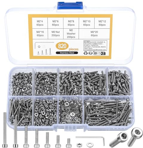 Juego de 820 tornillos M2 con cabeza hexagonal, tornillos de máquina de acero inoxidable 304 con tuercas y arandelas surtidas, incluye llaves Allen