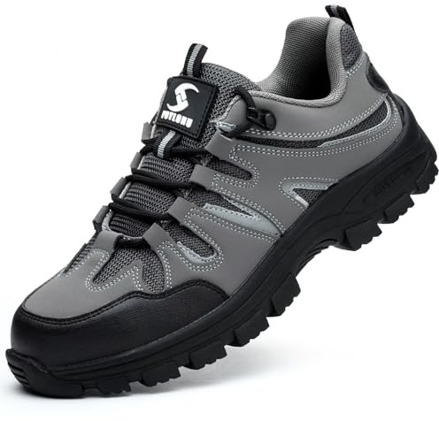 POYLONU Zapatos de Seguridad Hombre Mujer Zapatillas de Trabajo Transpirables Antideslizante Calzado de Seguridad con Punta de Acero Gris 44