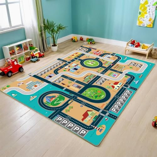 QUNKAKU Spielteppich Straße, Autoteppich für Spielzeugautos, Kurzflorig und Waschbar, Kinderteppich Straßenteppich Ideal für Das Kinderzimmer von Jungen und Mädchen(120×180cm)