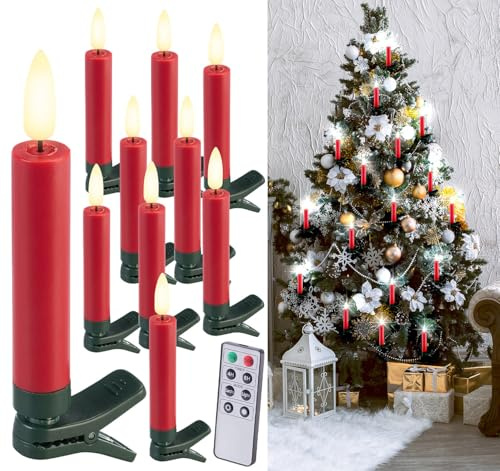 10 bougies LED télécommandées effet flamme pour sapin de Noël - coloris rouge [Lunartec]
