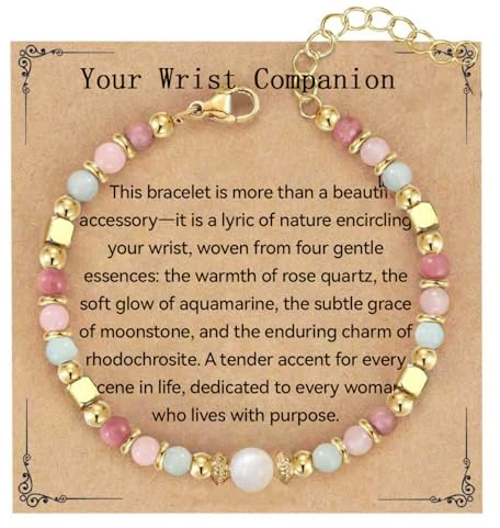Bracciale Donna Pietre Naturali – Quarzo Rosa, Pietra di Luna & Rodonite, Bracciale Pietre Naturali Donna con Perline Dorate, Eleganti Accessori di Moda, Regalo Donna per Compleanno o Occasioni