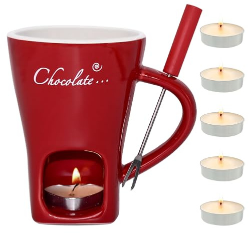 Dongcill Tazza per Fonduta di Cioccolato,200 ML,Tazza Cioccolata Calda Candela,Set per Fonduta di Cioccolato,in Ceramica,con forchetta e Lumino,per Sciogliere e Mantenere in Caldo,Rosso
