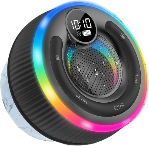 Ddidbi Bluetooth Shower Speaker, Portable Bluetooth Speaker 5.3 with Time Display, 2025 IPX7 Waterproof with Suction Cup, RGB Lights, Stereo Bass, Wireless for Bathroom/Party/Outdoor/Travel, Black