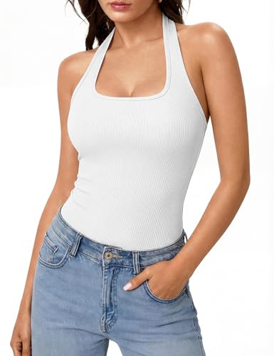 Aottori Top Donna Estiva Neckholder Canotta Senza Maniche Schiena Scoperta con Scollo Quadrato Tank Tops Coste Slim Fit Canottiera Bianco M