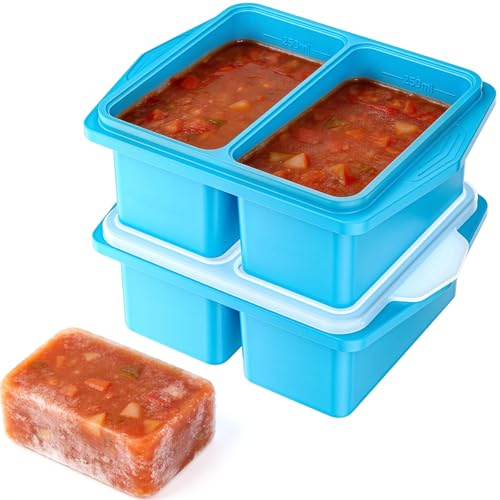 Huiguli 2 Pezzi Vassoio Congelatore in Silicone con Coperchio, Stampi per Contenitore del Congelatore per Zuppe, Conservare Contenitori per Zuppe, Salse e Cubetti Ghiaccio, Preparazioni Alimentari,Blu