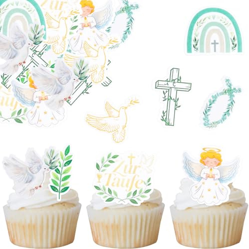 Catelves Decorazioni per torte battesimali, 48 pezzi, croce, colomba, angelo e arcobaleno