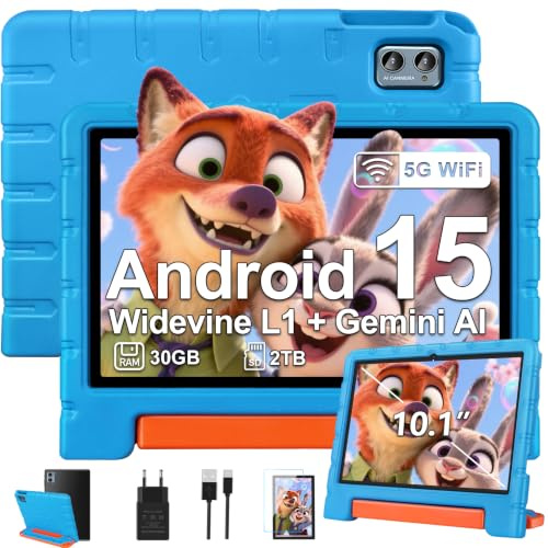 ZIOVO Tablet Bambini 10 Pollici Tablets Android 15, 30GB RAM+64GB ROM(TF 2TB), 5G WiFi Tablets,Gemini AI/Octa-Core/Widevine L1/Face ID/Parentale Controllo/6000 mAh/BT 5.0, Tablet con Eva Caso-Blu