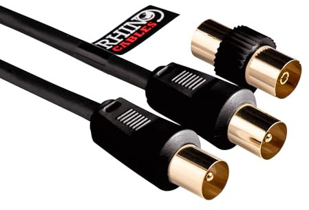 rhinocables Coaxial TV Aerial Cable with Gold-Plated Connectors | Male to Male RF Coax Lead with Female Adapter | Universally Compatible Fly Lead for HD/Standard TVs & Satellite Receivers (10m,Black)