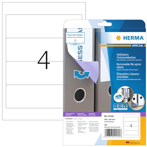HERMA 10160 mappetiketter A4 avtagbart, kort/bred (192 x 59 mm, 25 ark, papper, matt) självhäftande, utskrivbara, avtagbara och återhäftande mappa ryggetiketter, 100 filetiketter, vit