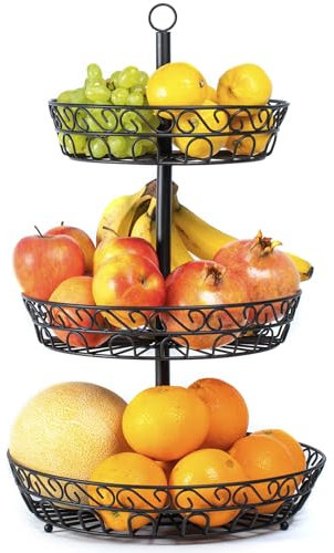 Chefarone Obst Etagere 3 Etagen – Großer Obstkorb & Etagere aus Metall Schwarz (34×34×52 cm) – Dekorative Obstschale & Aufbewahrung für Obst, Gemüse, Brötchen, Cupcakes, Küchenorganisation