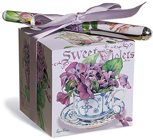 Lissom Design Block Paper Note Pad - Designer Memo Sheets for Home or Office Notepad and Pen Set, 3 x 3-Inch Cube, Sweet Violets