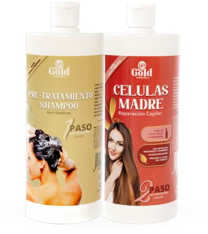 Gold DIAMOND – Kit de Alisado Células Madre Sin Formol – Tratamiento de Keratina Fortalecedor y Reparador para Cabello Débil, Fino y Quebradizo – Compatible con Color y Tinte (Kit Grande, 1000mL)