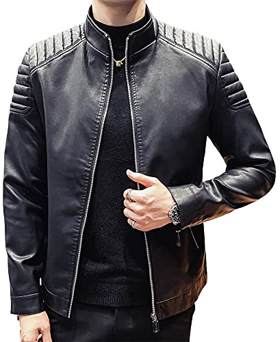 Womleys Mens Casual Stand Collar Slim Fit Faux Leather Jacket Biker Motorcycle Jacket (X-Black, Large)